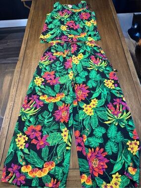 Panama Jack Black Wide-Leg Set with Green, Pink & Yellow Floral Print